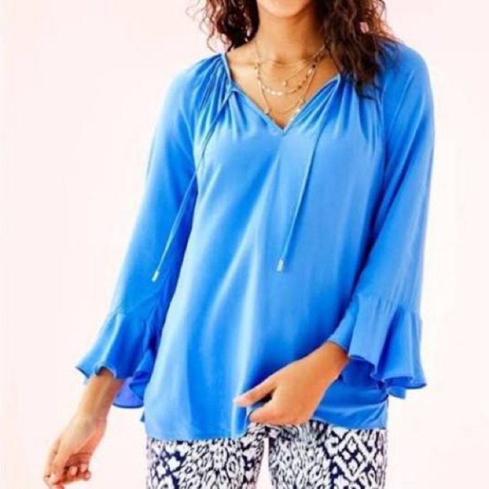 Lilly Pulitzer Bright Blue Ruffle Sleeve Blouse